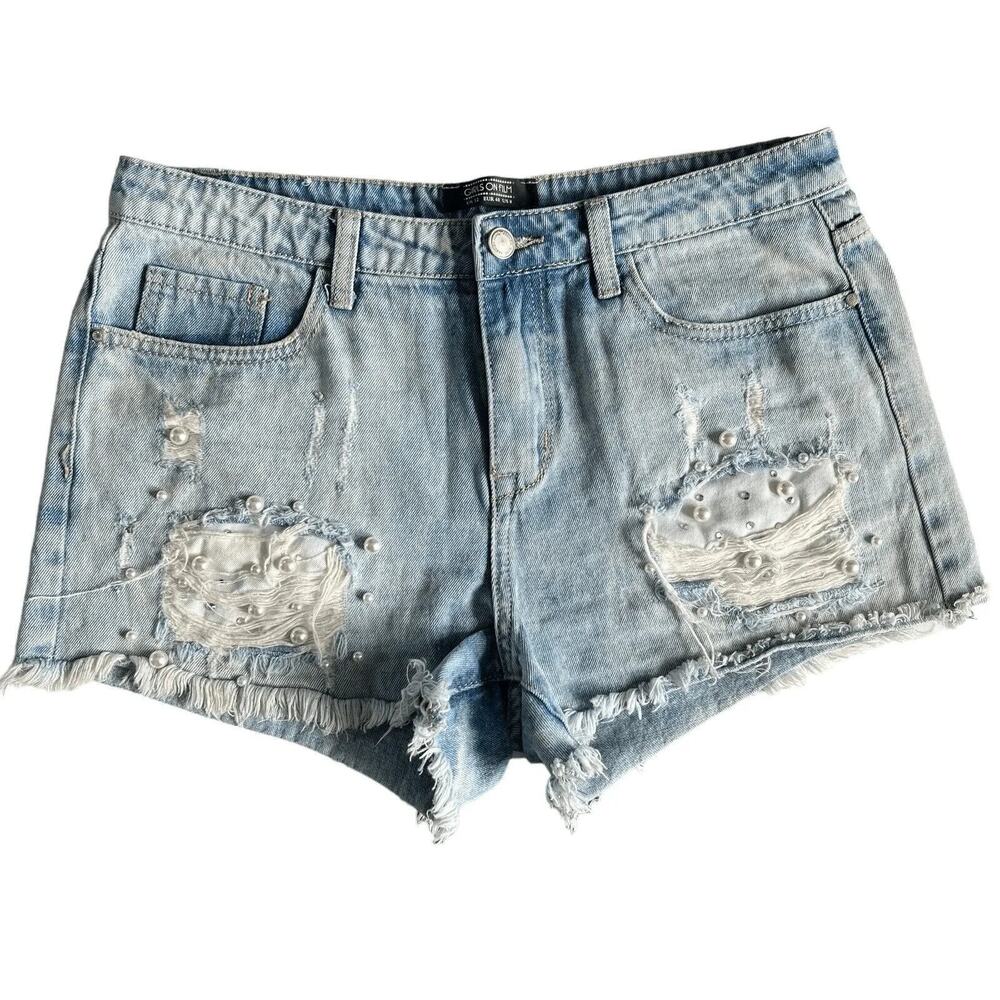 Girls On Film Shorts Womens 8 Blue Denim Distressed Pearl Beaded Cut Off Hem